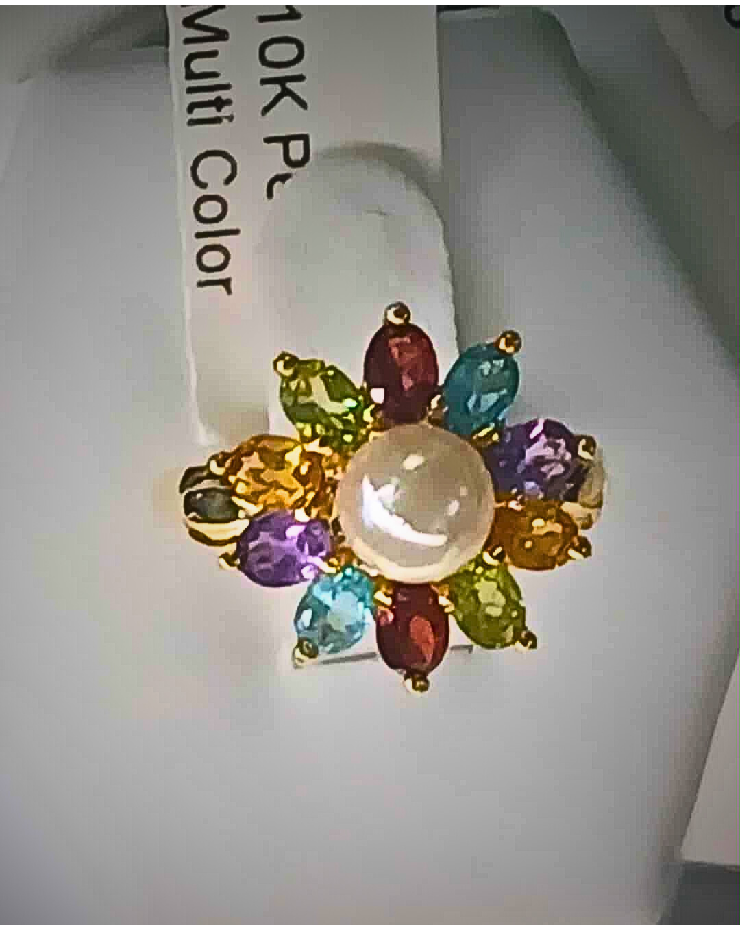 10K Yellow Gold Multi-Gemstone & Pearl Flower Ring