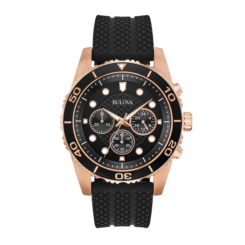 Bulova Classic Sport Rose Gold-Tone Chronograph Black Silicone Strap Watch with Black Dial