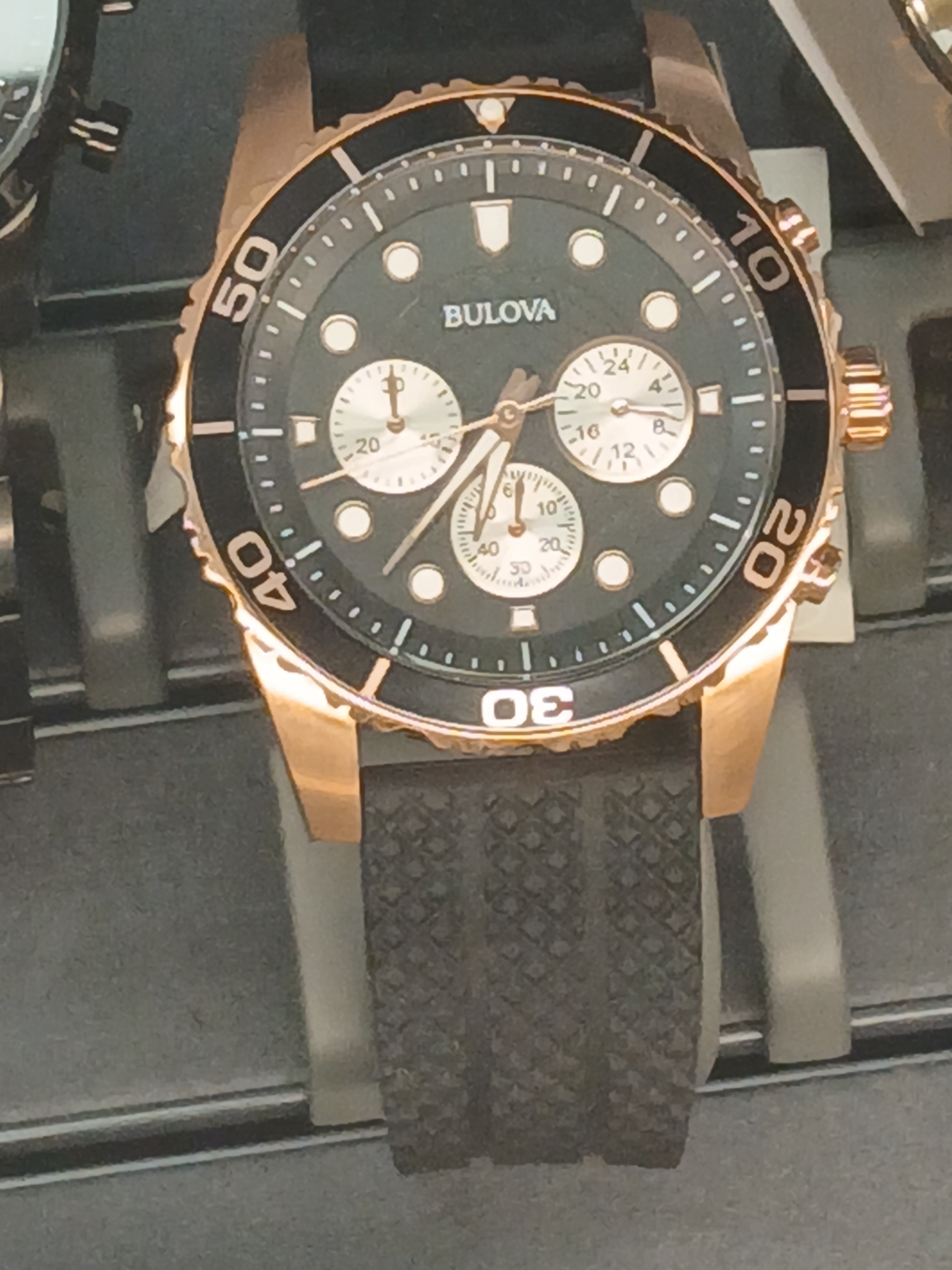Bulova Classic Sport Rose Gold-Tone Chronograph Black Silicone Strap Watch with Black Dial