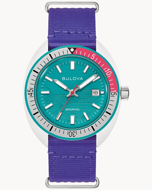 Bulova
Bulova Snorkel Teal Dial Violet TIDE Nylon NATO Strap Limited Edition Watch 41mm